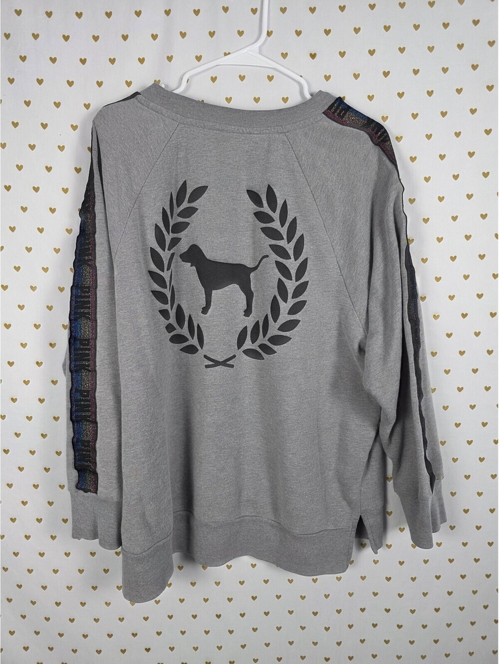 Victorias Secret Pink Rainbow Accent Sleeve Crest Logo Crew Sweater LARGE